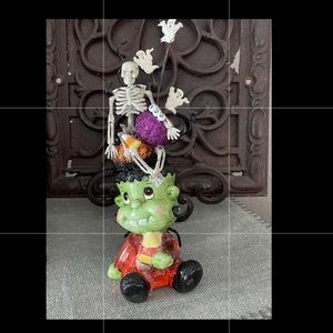 Halloween Arrangement Handmade Decor Ceramic Frankenstein w Vintage Trinkets